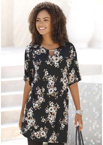 Lascana Damen Longshirt, schwarz, modisch, Gr. 32, Jersey, Obermaterial: 100% Viskose, Shirts, mit dezentem Blumendruck, Shirtkleid mit weiten Ärmel