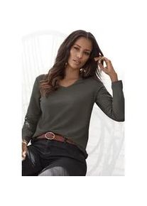 Langarmshirt Lascana "mit Streifenstruktur" Gr. 44/46, grün (khaki) Damen Shirts aus weicher Baumwoll-Qualität Bestseller