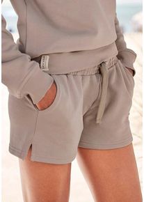Lascana Sweatshorts taupe Gr. 32/34 für Damen. Mit Logoschriftzug, Logostickerei. Bequem. Nachhaltig.