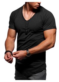 behype Herren T-Shirt "DANNY", schwarz, casual, Gr. M, unifarben, 100% Baumwolle, Shirts, mit modernem V-Ausschnitt