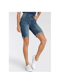 H.I.S. Jeansshorts H.I.S "duffyHS" Gr. 30, Länge 32, blau (dunkelblau used) Damen Jeans schmale Beinform, krempelbare Beinabschlüsse, normale Leibhöhe