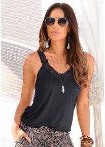 Lascana Strandtop schwarz Gr. 32/34 für Damen. V-Ausschnitt und Spitzenband. Figurumspielend