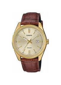 Quarzuhr Casio TIMELESS COLLECTION Armbanduhren braun (braun, champagnerfarben) Herren Armbanduhr, Herrenuhr, Lederarmband, analog, Tag, Neo-Display