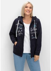 Große Größen Kapuzensweatjacke mit Print und Kängurutasche Gr. 50 blau von sheego für Damen