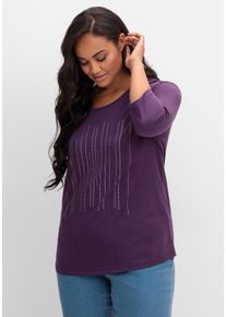 Große Größen 3/4-Arm-Shirt mit Glitzerstein-Applikation Gr. 56 lila gestreift von sheego für Damen