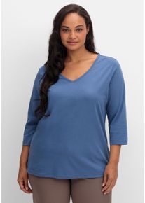 Große Größen Shirt mit 3/4-Ärmeln und V-Ausschnitt Gr. 42 blau von sheego für Damen