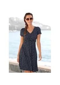 Jerseykleid Vivance Gr. 40, N-Gr, bunt (schwarz, blau, geblümt) Damen Kleider mit Blümchenprint und V-Ausschnitt, figurschmeichelndes Sommerkleid