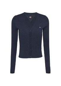 Strickjacke Tommy Jeans "TJW CABLE ESSENTIAL CARDIGAN" Gr. XS (34), blau (dark night navy) Damen Strickjacken mit Zopfmuster, Logostickerei