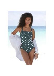 Badeanzug Lascana ""Jada"", Damen, Gr. 38, Cup F, grün (dunkelgrün, creme), Microfaser, Polyamid, Microfaser, gepunktet, Badeanzüge, mit Wellenkante und Shaping-Effekt