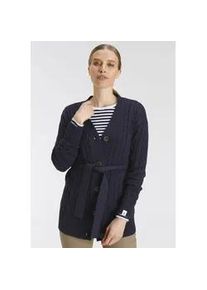 Longstrickjacke DELMAO Gr. 44/46, blau (marine) Damen Strickjacken im Zopfstrickmuster mit passendem Bindegürtel - NEUE MARKE