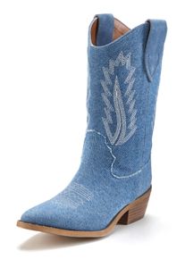 Cowboy Boots Lascana, Damen, Gr. 36, blau (denimblau), Obermaterial: 95% Textilmaterial, 5% Rindsleder. Futter: 100% Lederimitat. Decksohle: 100% Lederimitat. Laufsohle: 100% Synthetik, unifarben, casual, Schuhe Cowboystiefel Schlupfstiefel, Cowboy Stiefelette, Western Stiefelette, Ankleboots im Denim-Look