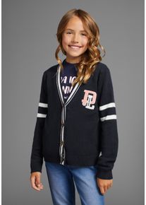 DELMAO Mädchen Strickjacke "im Collegestyle mit Badge - NEUE KOLLEKTION", blau, modisch, Gr. 128, Strick, Obermaterial: 50% Viskose, 28% Polyester,