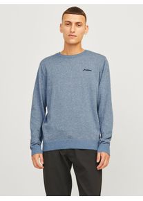 Jack & Jones JACK & JONES Herren Rundhalspullover "JJBRAD KNIT CREW NECK AW24", blau, modisch, Gr. L, meliert, bestickt, Strick, Obermaterial: 70% Polyester, 30%