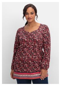 sheego Damen Langarmshirt "Große Größen", rot, feminin, Gr. 44, gemustert, Obermaterial: 50% Baumwolle, 50% Modal, Shirts, in A-Linie, mit Raffungen