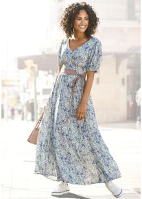 Buffalo Damen Maxikleid, blau, modisch, Gr. 42, bedruckt, geblümt, Web, Obermaterial: 100% Viskose, Kleider, mit zartem Blumendruck und V-Ausschnitt,