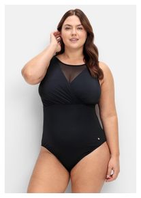 sheego Damen Badeanzug "Große Größen", schwarz, Gr. 48, unifarben, Nylon, Xtra Life LYCRA, Badeanzüge, in Wickeloptik, mit Mesh-Einsatz