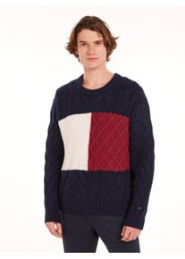 Tommy Hilfiger Herren Rundhalspullover "CABLE FLAG SWEATER", blau, casual, Gr. L, Strick, Obermaterial: 80% Wolle, 20% Polyamid, Pullover, mit