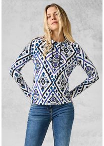 Cecil Damen Langarmshirt, weiß, casual, Gr. XL, bedruckt, Web, 100% Baumwolle, Shirts, mit Tunnelzugband am Kragen