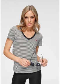 Levi's LEVI'S Damen V-Shirt "PERFECT VNECK", schwarz-weiß, casual, Gr. M, gestreift, Single Jersey, Obermaterial: 100% Baumwolle, Shirts, mit