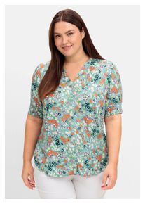 sheego Damen Druckbluse "Große Größen", grün, feminin, Gr. 46, gemustert, Obermaterial: 100% Viskose, Blusen, mit V-Ausschnitt und Blumenprint