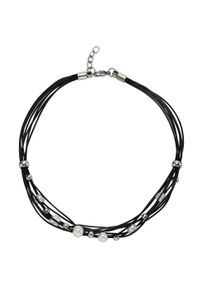ZEEme Damen Collierkettchen "Leder schwarz mit Stahlkugeln und weißen Perlen", 42 + 3cm, Edelstahl, L: 45cm B: 9.0mm, weiß, Edelstahl, B:9.0mm,