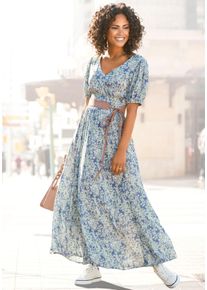 Buffalo Damen Maxikleid, blau, modisch, Gr. 38, bedruckt, geblümt, Web, Obermaterial: 100% Viskose, Kleider, mit zartem Blumendruck und V-Ausschnitt,