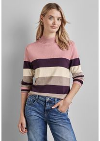 Street One Damen Strickpullover, rosa, casual, Gr. 46, gestreift, Stoff, 75% Viskose, 25% Polyamid, Pullover, mit Stehkragen