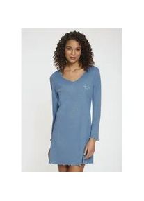 Nachthemd s.Oliver, Damen, Gr. 32/34, N-Gr, blau (blau meliert), Rippstrick, Obermaterial: 60% Baumwolle, 40% Polyester, meliert, bequem kurz, V-Ausschnitt, Trompeten&auml;rmel Babylock kontrastfarben, Kleider Nachthemd, mit Trompeten&auml;rmeln