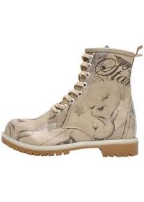 Schnürboots DOGO "Damen Wb Long Boots Tweety With Roses 36 farbig Vegan Damen Boot" Gr. 39, Normalschaft, grau (beige, grau) Damen Schuhe Vegan