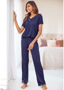 Lascana Pyjama blau Gr. 36/38 für Damen. Mit V-Ausschnitt. Nachhaltig.
