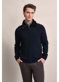 Bugatti Herren Strickjacke, blau, casual, Gr. XXL, kariert, Strick, 80% Wolle, 20% Polyamid, Strickjacken, mit unechtem Fellkragen