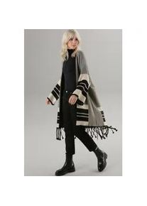 Strickjacke Aniston SELECTED Gr. 1 (34/36/38), schwarz (schwarz, beige,) Damen Strickjacken mit Fransen am Saum