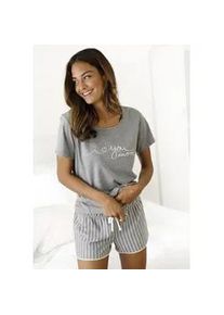 Shorty s.Oliver, Damen, Gr. 36/38, grau (grau, meliert), Single Jersey, Obermaterial: 50% Baumwolle, 50% Viskose. Unterteil: 40% Baumwolle, 40% Viskose, 20% Polyester, Basic, Basic kurz, Rundhals, eingesetzt, Homewear-Sets Shorty, mit Streifen Muster