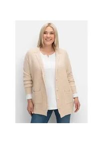 Strickjacke sheego "Große Größen" Gr. 52, beige (elfenbein) Damen Strickjacken mit Reverskragen und Rippmuster vorn