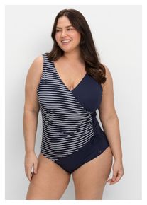 sheego Damen Badeanzug "Große Größen", blau, Gr. 48, unifarben, Polyamid, Xtra Life LYCRA, Badeanzüge, in Wickeloptik, mit Streifen
