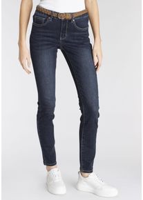 DELMAO Damen Slim-fit-Jeans, blau, Basic, Gr. 40, kontrastfarbene Details, bestickt, Denim/Jeans, Obermaterial: 74% Baumwolle, 24% Polyester, 2%