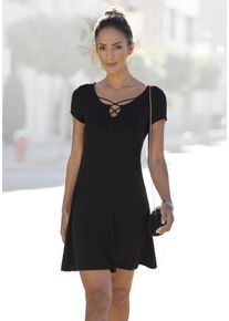 Lascana Damen Sommerkleid, schwarz, casual, Gr. 36, unifarben, Jersey, Obermaterial: 95% Viskose, 5% Elasthan, Kleider, mit Zierbändern am