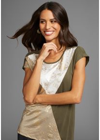 Laura Scott Damen T-Shirt, beige, feminin, Gr. 34, mehrfarbig, bedruckt, metallic, colorblocking, Single Jersey, Obermaterial: 95% Viskose, 5%