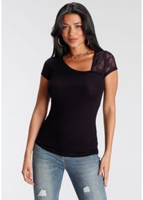 Melrose Damen T-Shirt, schwarz, feminin, Gr. 44, unifarben, Jersey, Spitze, Obermaterial: 95% Viskose, 5% Elasthan. Spitze: 95% Polyester, 5%