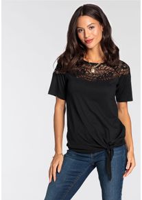 Laura Scott Damen Wickelshirt, schwarz, feminin, Gr. 34, unifarben, Single Jersey, Spitze, Obermaterial: 95% Viskose, 5% Elasthan. Spitze: 95%