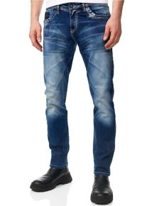 Rusty Neal Herren Straight-Jeans "YAMATO", blau, casual, Gr. 34, mehrfarbig, 98% Baumwolle, 2% Elasthan, Jeans, mit farblich abgesetzten Nähten