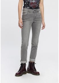 Arizona Damen Slim-fit-Jeans "Bund mit seitlichem Gummizugeinsatz", grau, Basic, Gr. 92, Denim/Jeans, Obermaterial: 98% Baumwolle, 2% Elasthan,