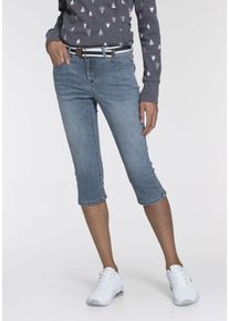 Kangaroos Damen Caprijeans "CAPRI-JEANS mit Gürtel", blau, Basic, Gr. 44, Abriebeffekte, Denim/Jeans, Obermaterial: 70% Baumwolle, 26% Polyester, 3%