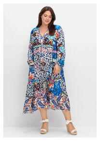 sheego Damen Druckkleid "Große Größen", blau, modisch, Gr. 44, gemustert, Obermaterial: 100% Viskose, Kleider, mit Volantstufen und Ballonärmeln