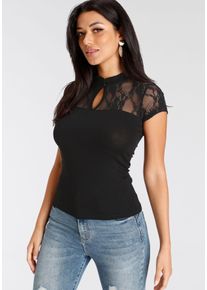 Melrose Damen T-Shirt, schwarz, feminin, Gr. 36, leicht transparent, Jersey, Spitze, Obermaterial: 95% Viskose, 5% Elasthan. Spitze: 95% Polyester,