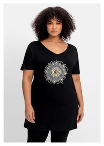 sheego Damen Longshirt "Große Größen", schwarz, feminin, Gr. 40, bedruckt, Obermaterial: 95% Viskose (LENZING ECOVERO), 5% Elasthan, Shirts, mit