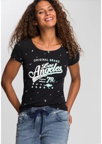 Kangaroos Damen T-Shirt, schwarz, casual, Gr. 40, unifarben, kontrastfarbene Details, Rippware, Obermaterial: 100% Baumwolle, Shirts, Kurzarm,