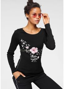 Kangaroos Damen Longsleeve, schwarz, casual, Gr. 36, bedruckt, Rippware, Obermaterial: 100% Baumwolle, Shirts, Langarm, sehr figurbetonter Schnitt,
