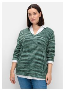 sheego Damen V-Ausschnitt-Pullover "Große Größen", grün, casual, Gr. 56, unifarben, Grobstrick, Obermaterial: 81% Polyacryl, 9% Baumwolle, 7%
