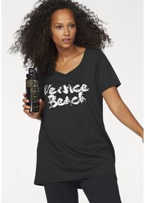 Venice Beach Damen Longshirt, schwarz, casual, Gr. 48, bedruckt, Obermaterial: 60% Baumwolle, 40% Polyester, Shirts, Langarm, lockere Passform, mit
